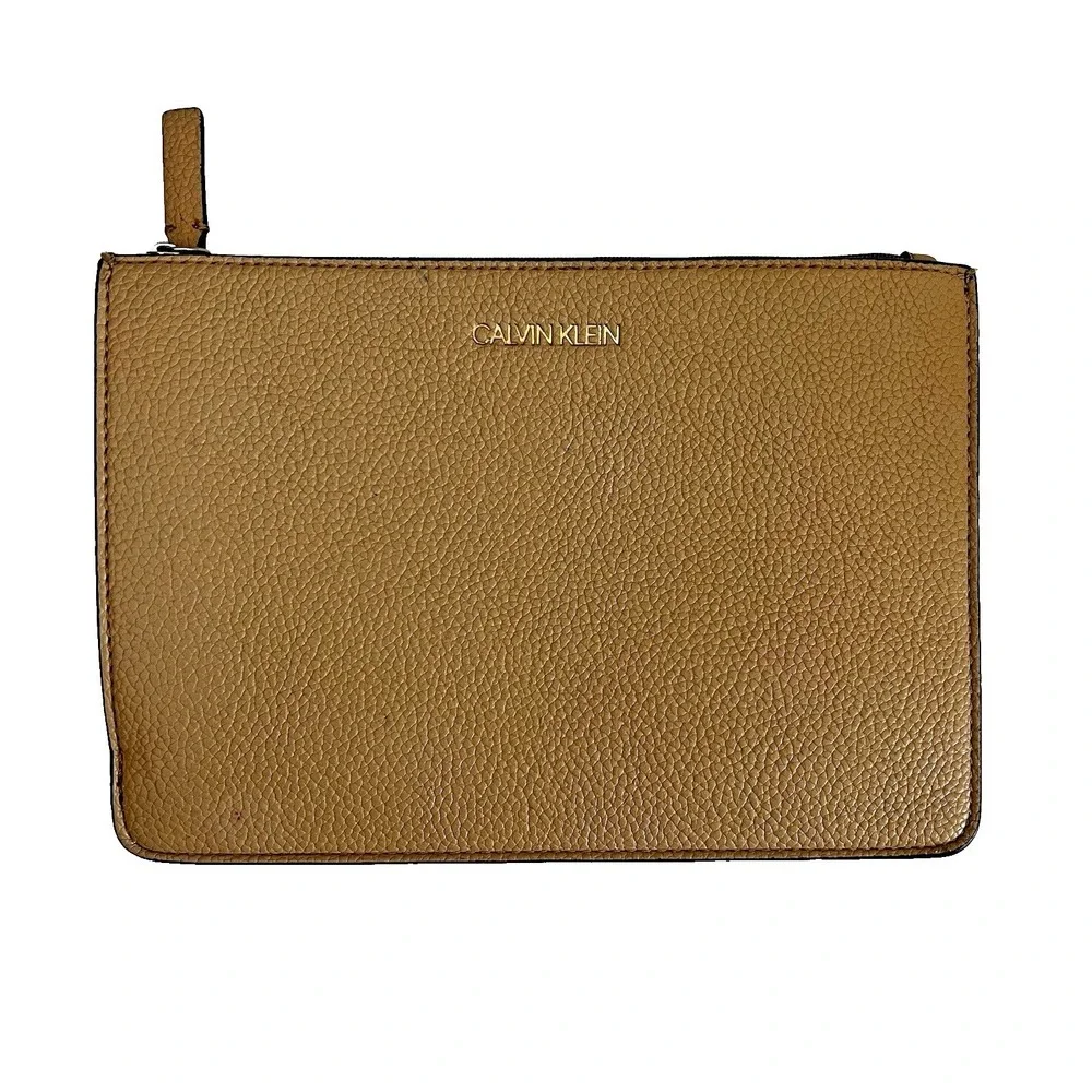 Calvin Klein Tan Faux Leather Zip Pouch Clutch Cosmetic Bag  6.5‎ x  9.5